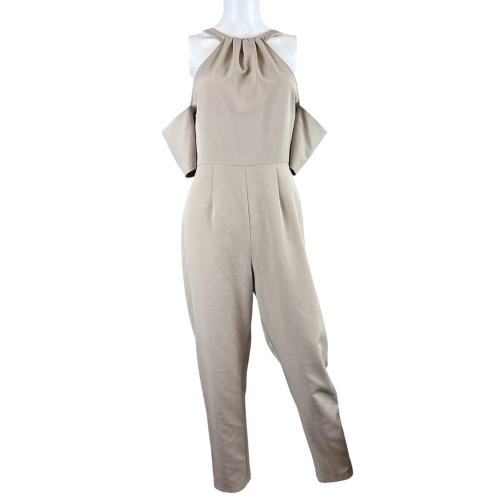 ASOS Off Shoulder Sleeve Ruched Halter Zip Cocktail Jumpsuit Beige Size US 4
